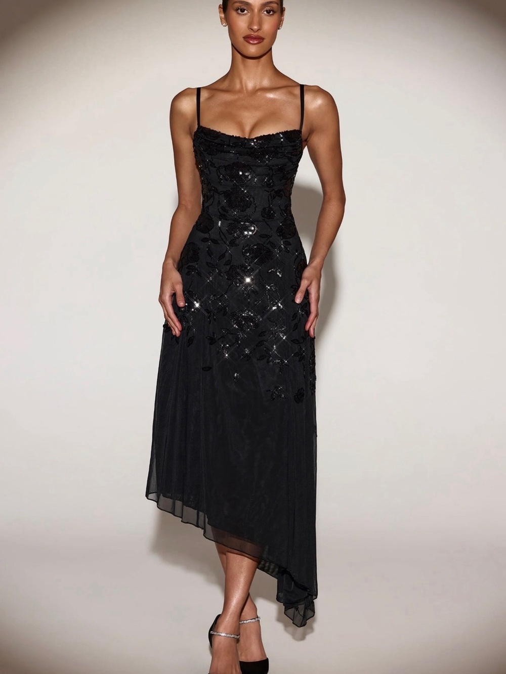 Oh Polly Black Sequin Asymmetrical Slip Dress
